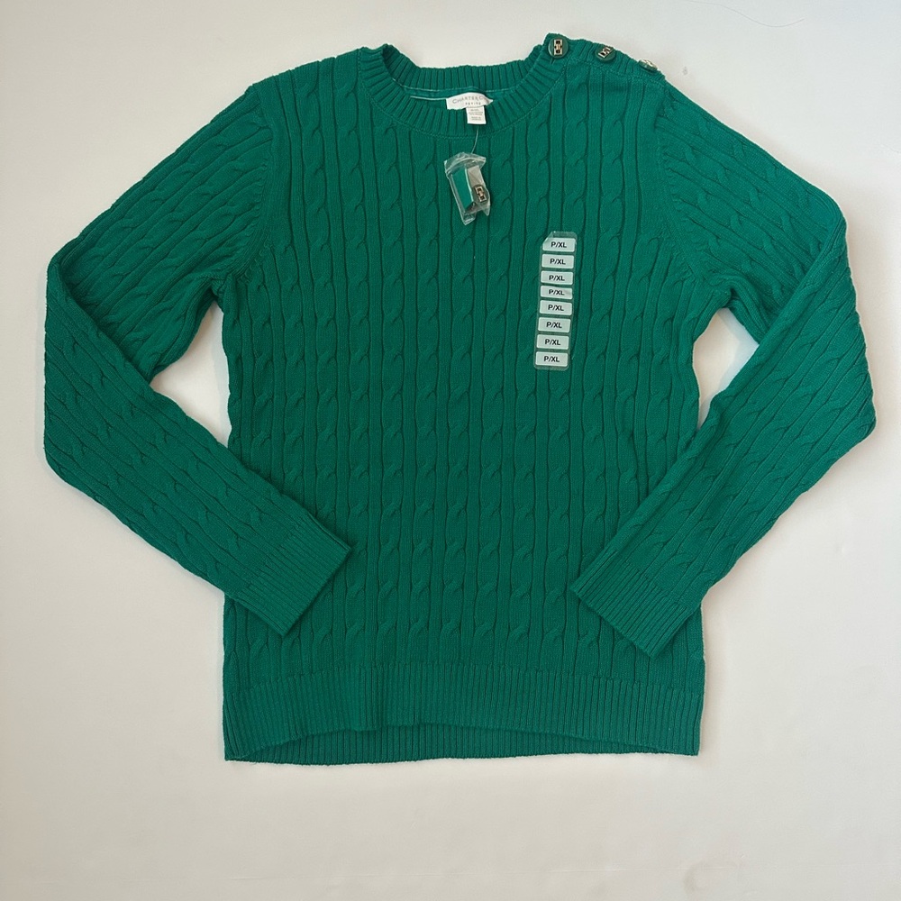 Charter Club Marine Green Cable Women’s  knit Gold button sweater  XL/P NWT